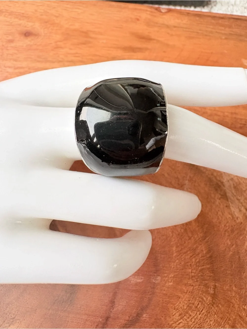 Vintage Black Cocktail Ring with Clear Stone Accents - Size 6 w/ Adjustable Band